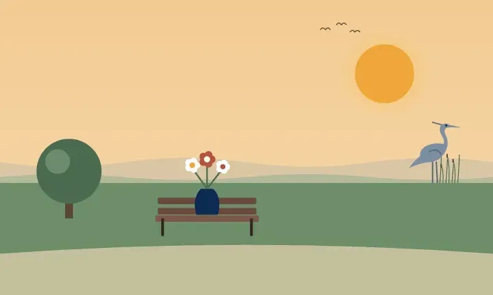 Illustration of a vase of flowers on a park bench under a shade tree, with a heron by the water in the distance