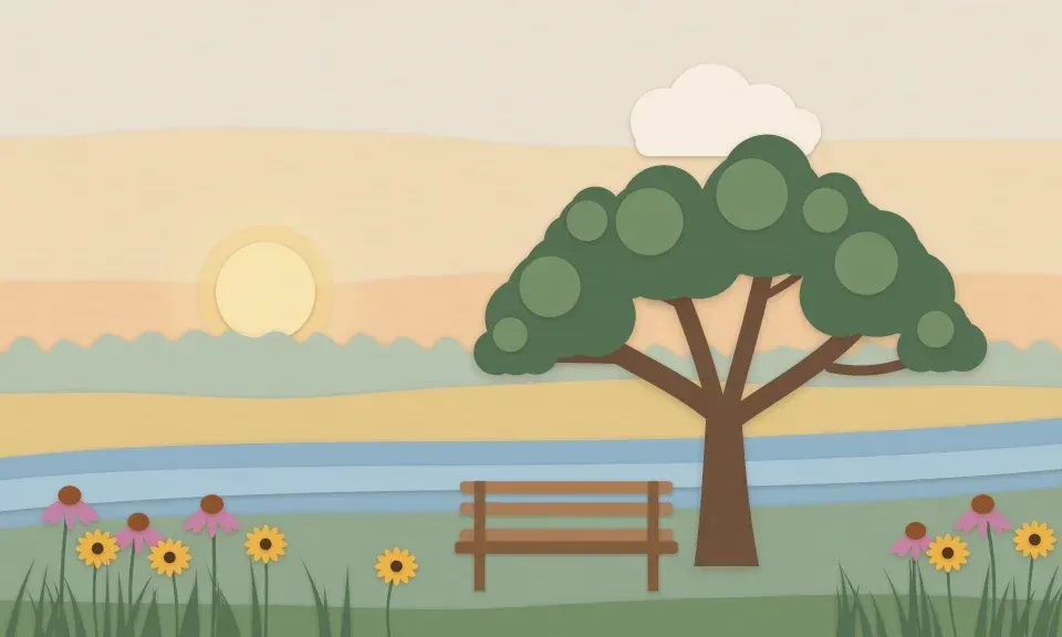 Illustration of a wooden bench beside a brook under a bur oak at sunset