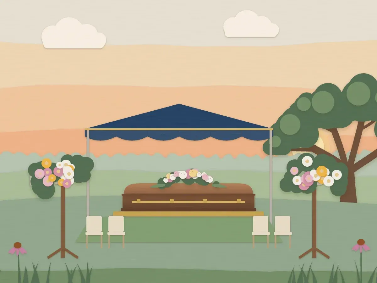 Illustration of a graveside service under a navy canopy, with a casket, chairs and flower stands beneath an oak at sunset