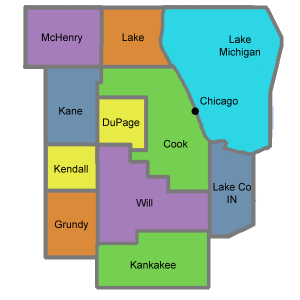 Color-coded map of northeastern Illinois counties with Chicago marked by a black dot on Lake Michigan shoreline