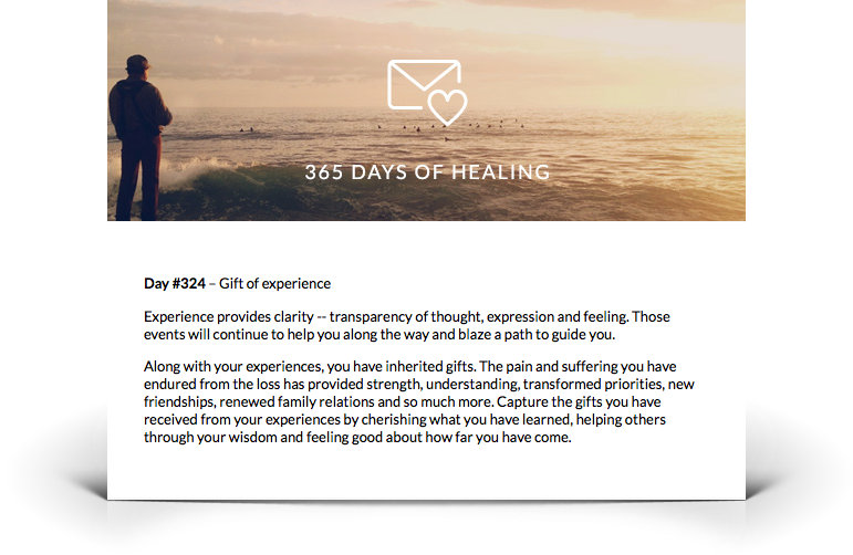 A sunrise landscape with a silhouetted person and the text “365 DAYS OF HEALING” and a small heart icon.