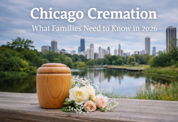 Chicago skyline with wooden cremation urn and white flowers by a lake, titled “Chicago Cremation”