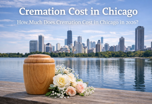 Cremation urn with white flowers by Chicago lakefront skyline at sunset, titled “Cremation Cost in Chicago”