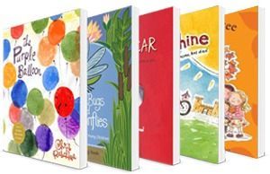 Five colorful children’s books standing upright in a row, with bright illustrated covers