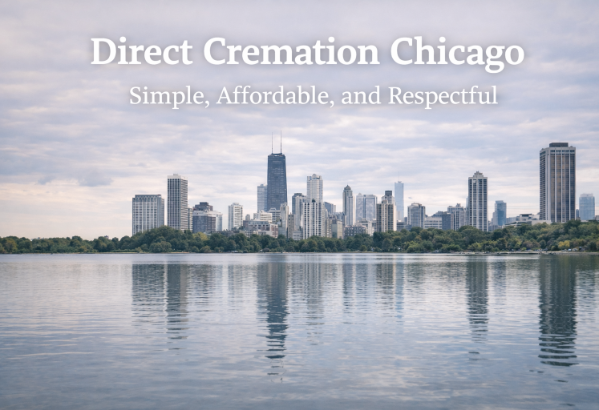 Chicago skyline over a calm lake with text: “Direct Cremation Chicago — Simple, Affordable, and Respectful”