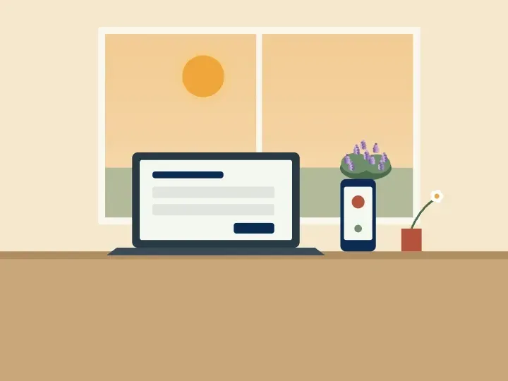 Illustration of a laptop showing an online arrangement form next to a phone, with a window view of lilacs in bloom