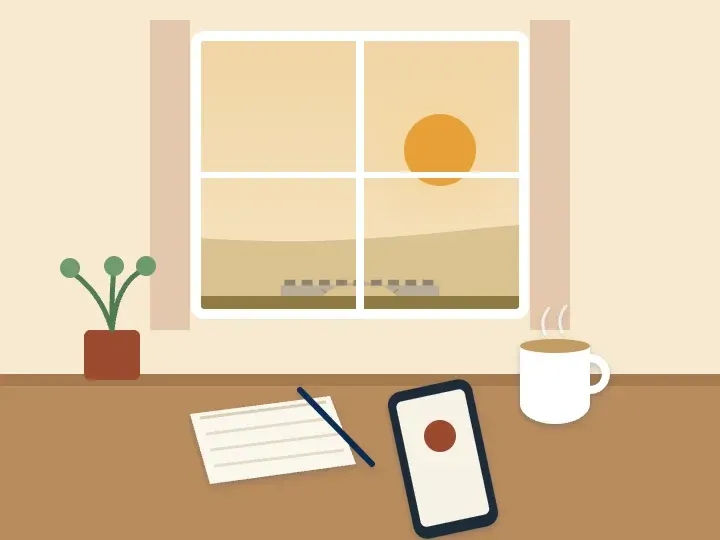 Illustration of a phone, a notebook and a cup of tea on a table by a window looking out toward a stone bridge over the river in the forest preserves