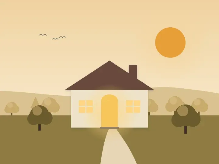 Illustration of a home with a warmly lit doorway at dusk