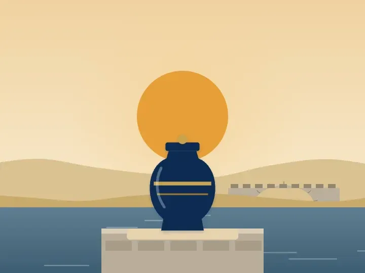 Illustration of an urn in front of the setting sun, with a stone bridge over the river in the forest preserves in the background