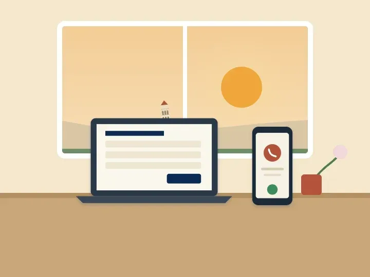 Illustration of a laptop showing an online arrangement form next to a phone, with a window view of the Leaning Tower of Niles