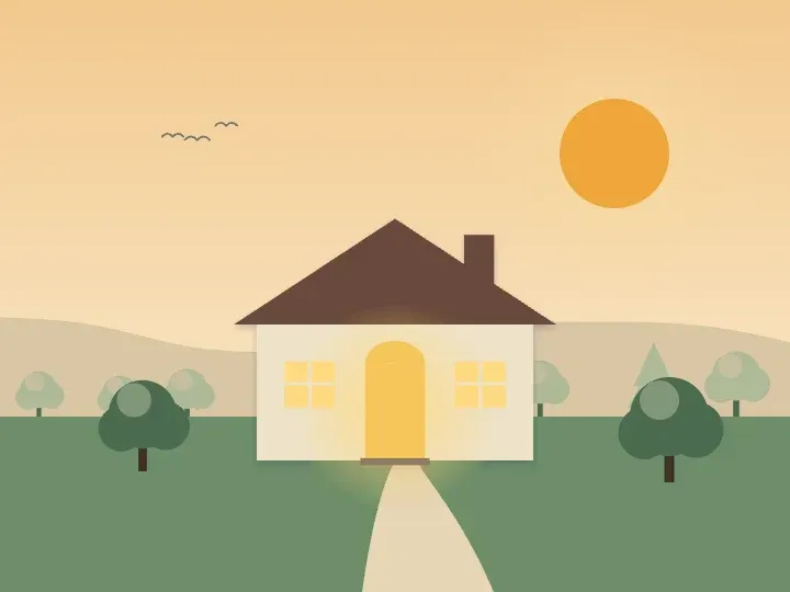 Illustration of a home with a warmly lit doorway at dusk