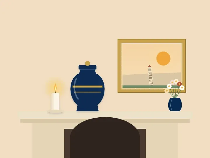 Illustration of an urn on a fireplace mantel beside a candle and a framed picture of the Leaning Tower of Niles