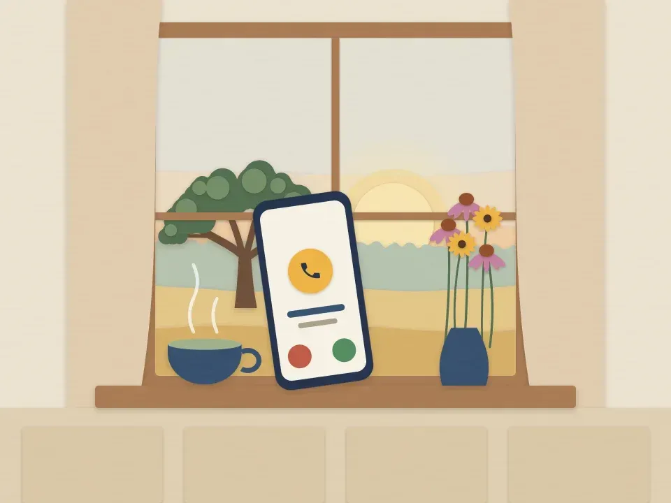 Illustration of a phone on a windowsill beside a cup of tea and flowers