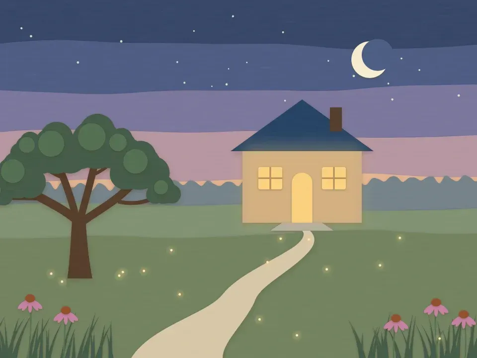 Illustration of a house with warm lit windows at night under a crescent moon