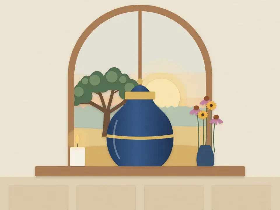 Illustration of a navy urn on a windowsill beside a candle and flowers