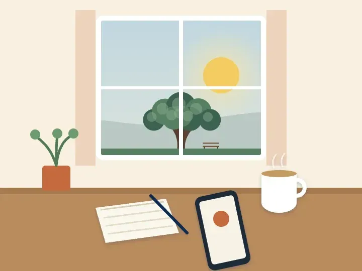 Illustration of a phone, a notebook and a cup of tea on a table by a window looking out toward a great oak tree with a park bench