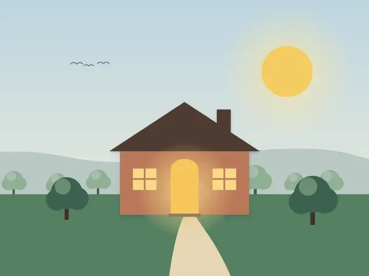 Illustration of a brick home with a warmly lit doorway at dusk