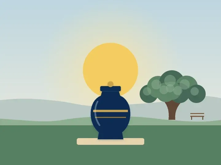 Illustration of an urn in front of the setting sun, with a great oak tree with a park bench in the background