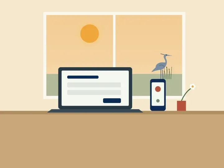 Illustration of a laptop showing an online arrangement form next to a phone, with a window view of a heron by the water