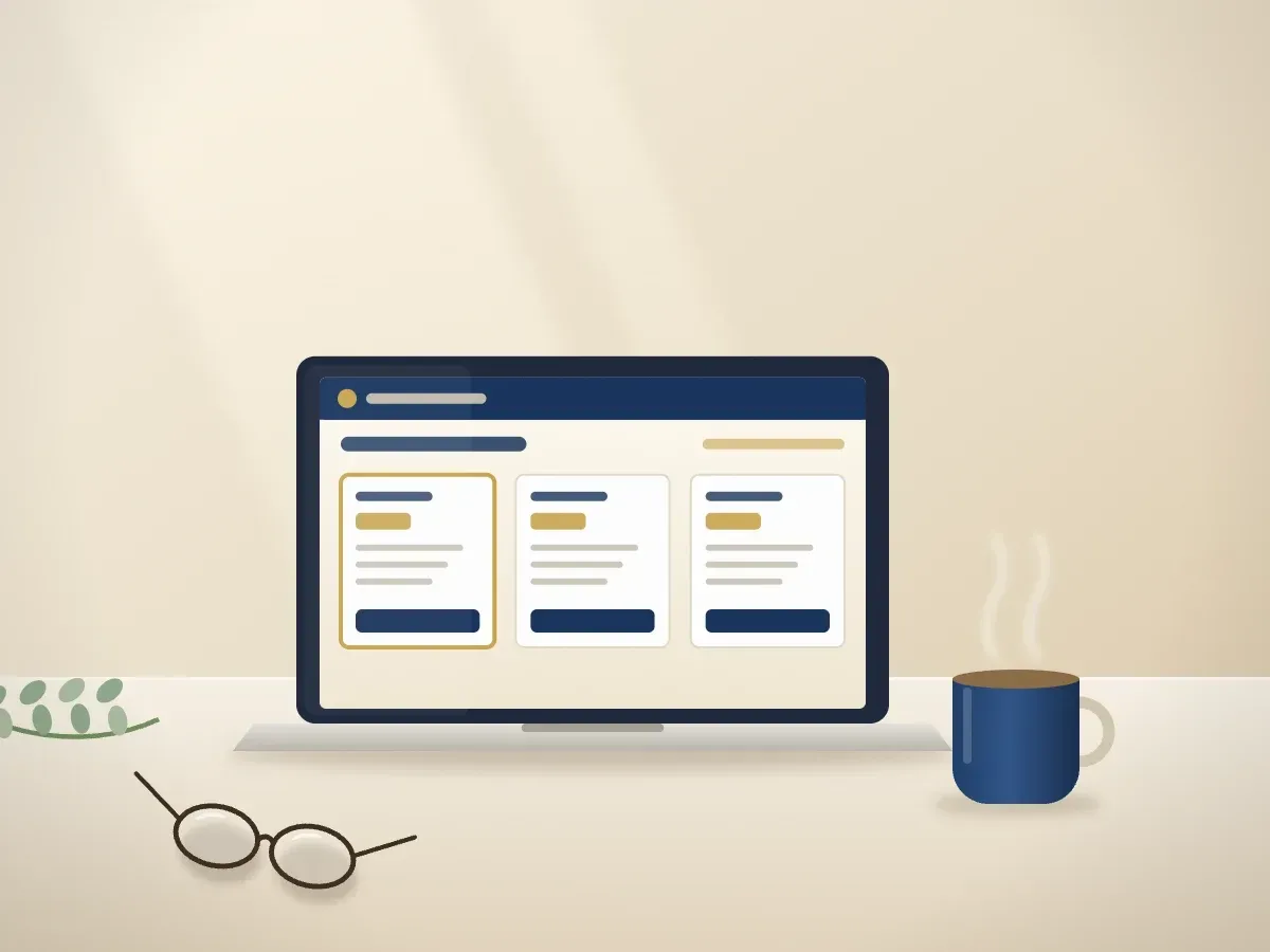 A laptop showing a cremation plan on a kitchen table beside a cup of coffee and reading glasses
