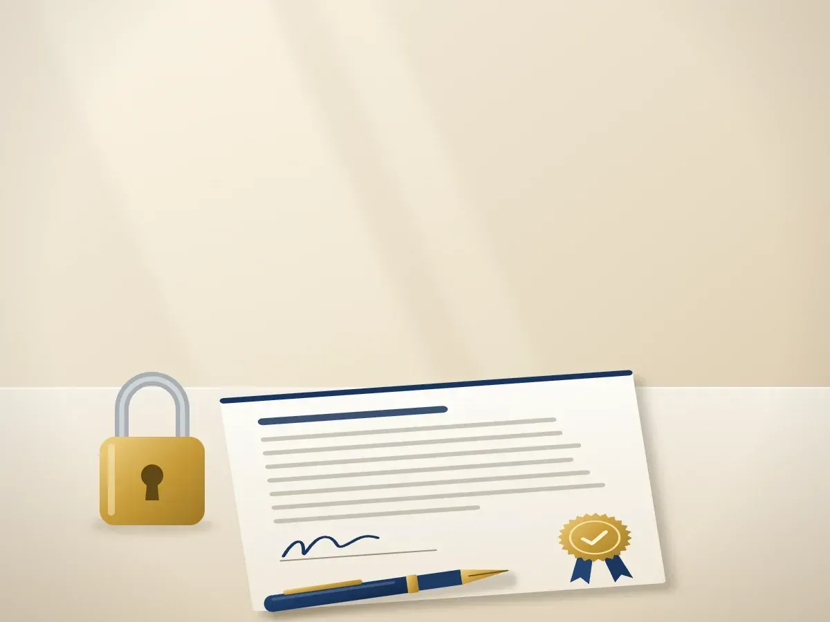 A signed prepaid plan with a gold seal and a fountain pen on a linen-covered table