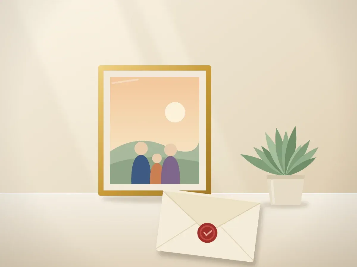 A sealed envelope with a gold wax seal leaning on a framed family photo beside a small plant