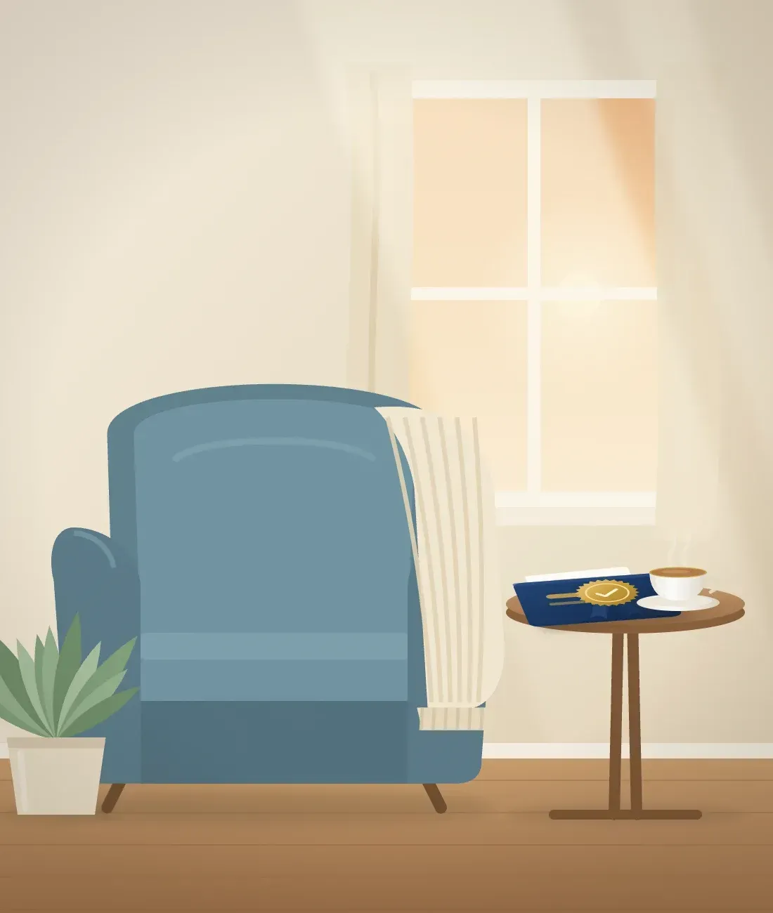 A cozy armchair with a knit blanket by a sunny window, beside a side table with a planning folder and a cup of tea