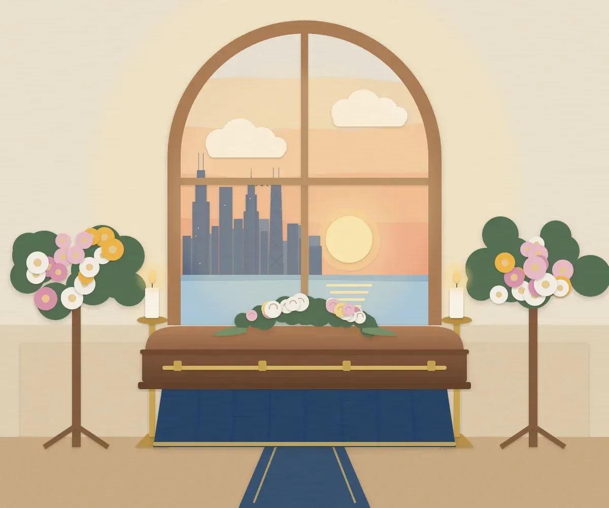 Illustration of a chapel at our funeral home: a wooden casket with a flower spray on a draped stand, candles and flower stands, beneath an arched window overlooking the Chicago skyline at sunset