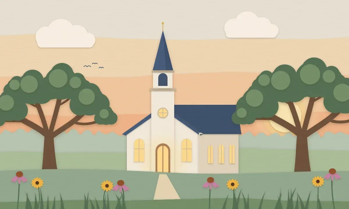 Illustration of a white church with a steeple at sunset, between two oak trees