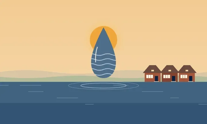 Illustration of a water drop over calm water, with a row of brick bungalows on the horizon