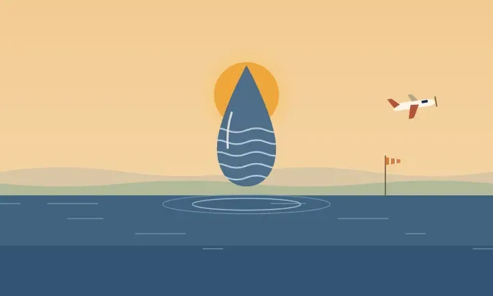 Illustration of a water drop over calm water, with a small plane and windsock on the horizon
