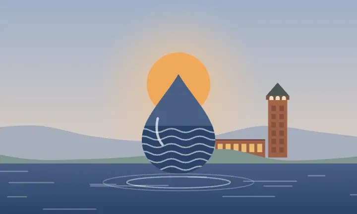 Illustration of a water drop over calm water, with a historic brick factory tower on the horizon