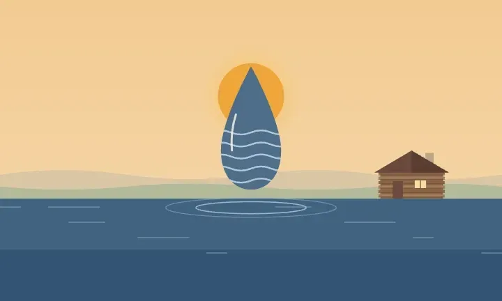 Illustration of a water drop over calm water, with a historic log house on the horizon