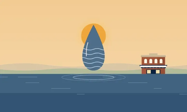 Illustration of a water drop over calm water, with the Des Plaines Theatre on the horizon