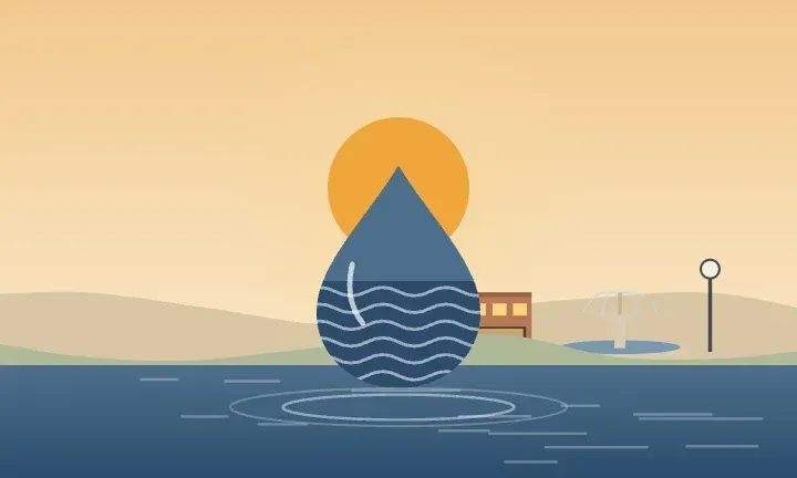 Illustration of a water drop over calm water, with a village fountain and brick storefronts on the horizon