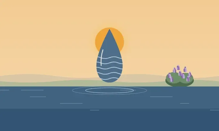 Illustration of a water drop over calm water, with lilacs in bloom on the horizon