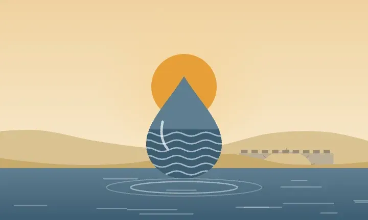 Illustration of a water drop over calm water, with a stone bridge over the river in the forest preserves on the horizon