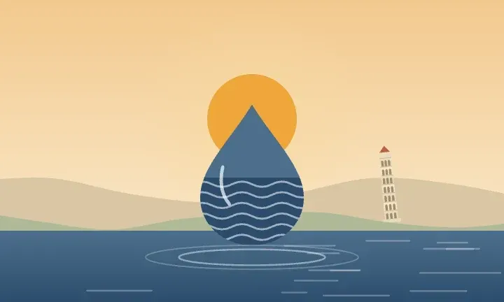 Illustration of a water drop over calm water, with the Leaning Tower of Niles on the horizon