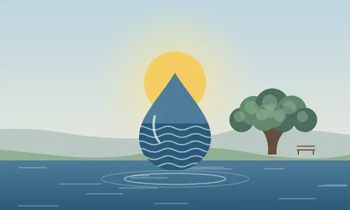 Illustration of a water drop over calm water, with a great oak tree with a park bench on the horizon