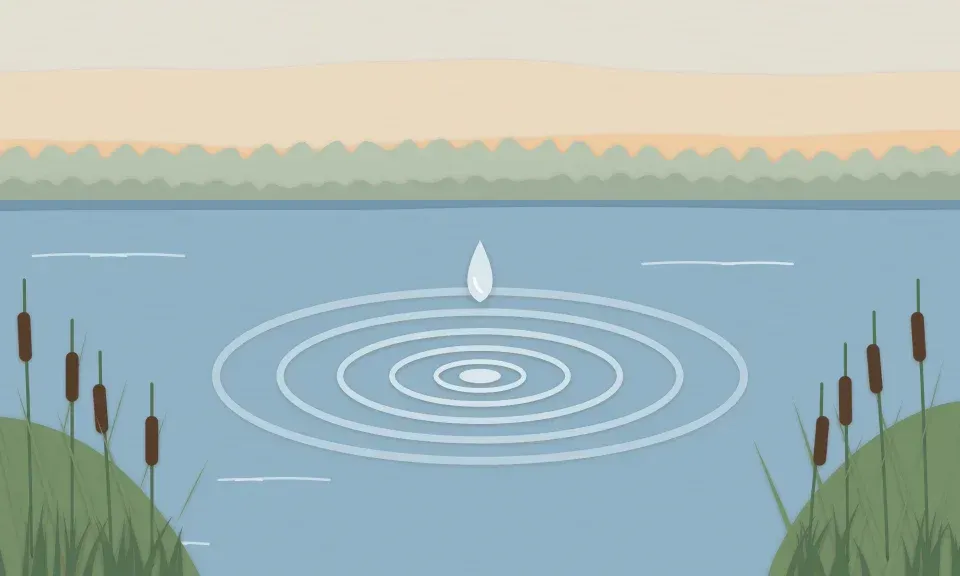 Illustration of a single drop sending gentle ripples across calm water between cattails