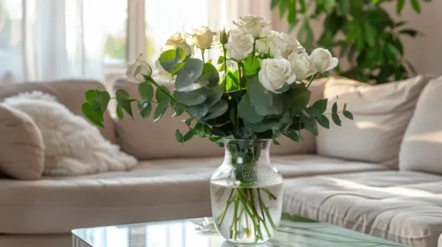 White roses in a glass vase for a private family farewell viewing