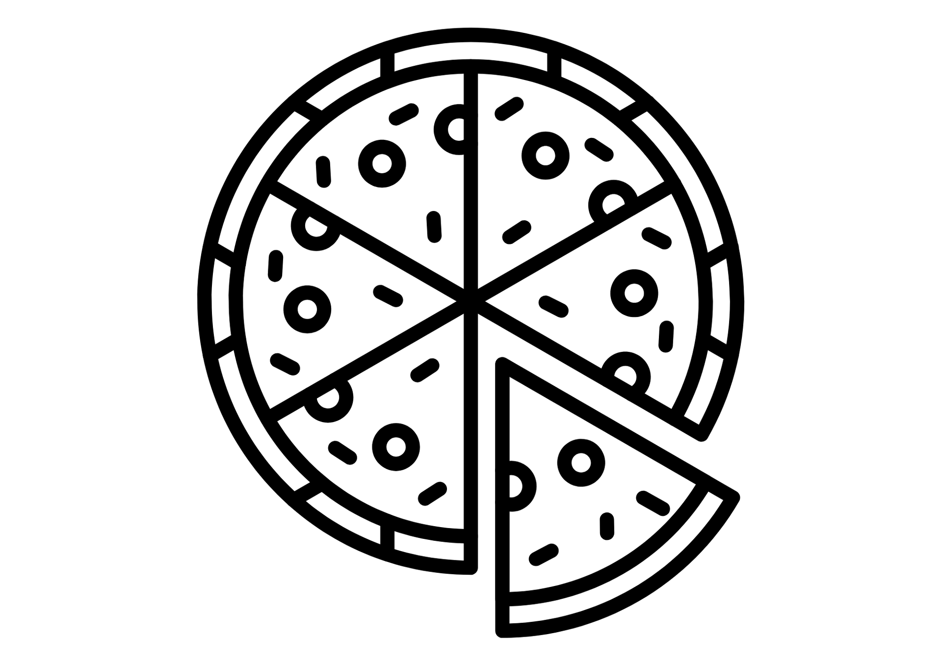Dessin au trait en noir et blanc d'une pizza coupée en tranches, dont une part est retirée.