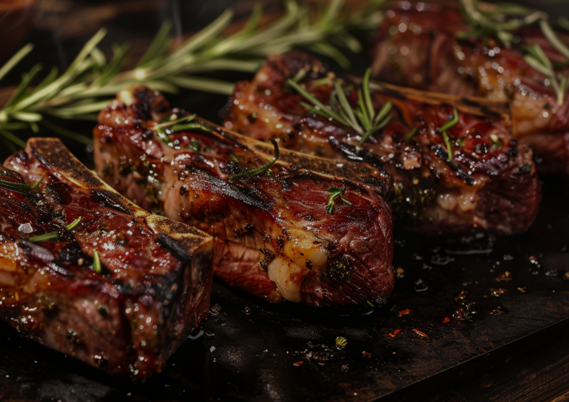 Morceaux de steak grillés garnis de romarin sur une planche de service foncée