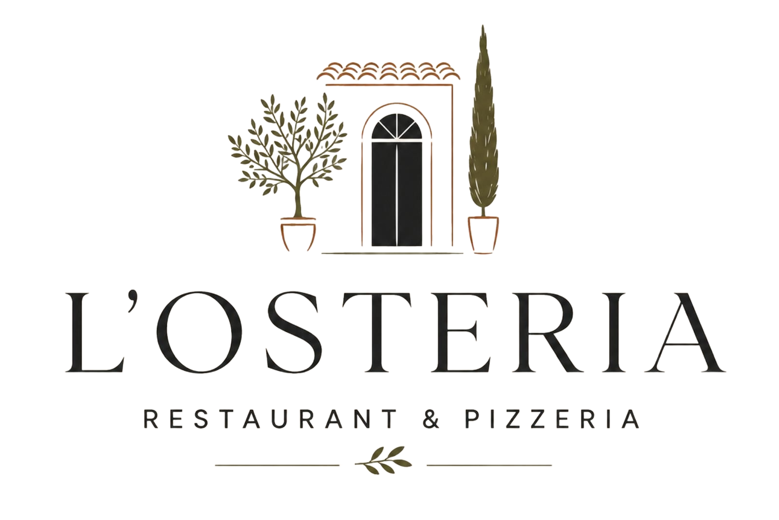 Logo du restaurant et pizzeria L'Osteria avec une porte stylisée et des plantes en pot sur fond blanc
