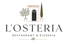 Logo du restaurant et pizzeria L'Osteria avec une porte stylisée et des plantes en pot sur fond blanc