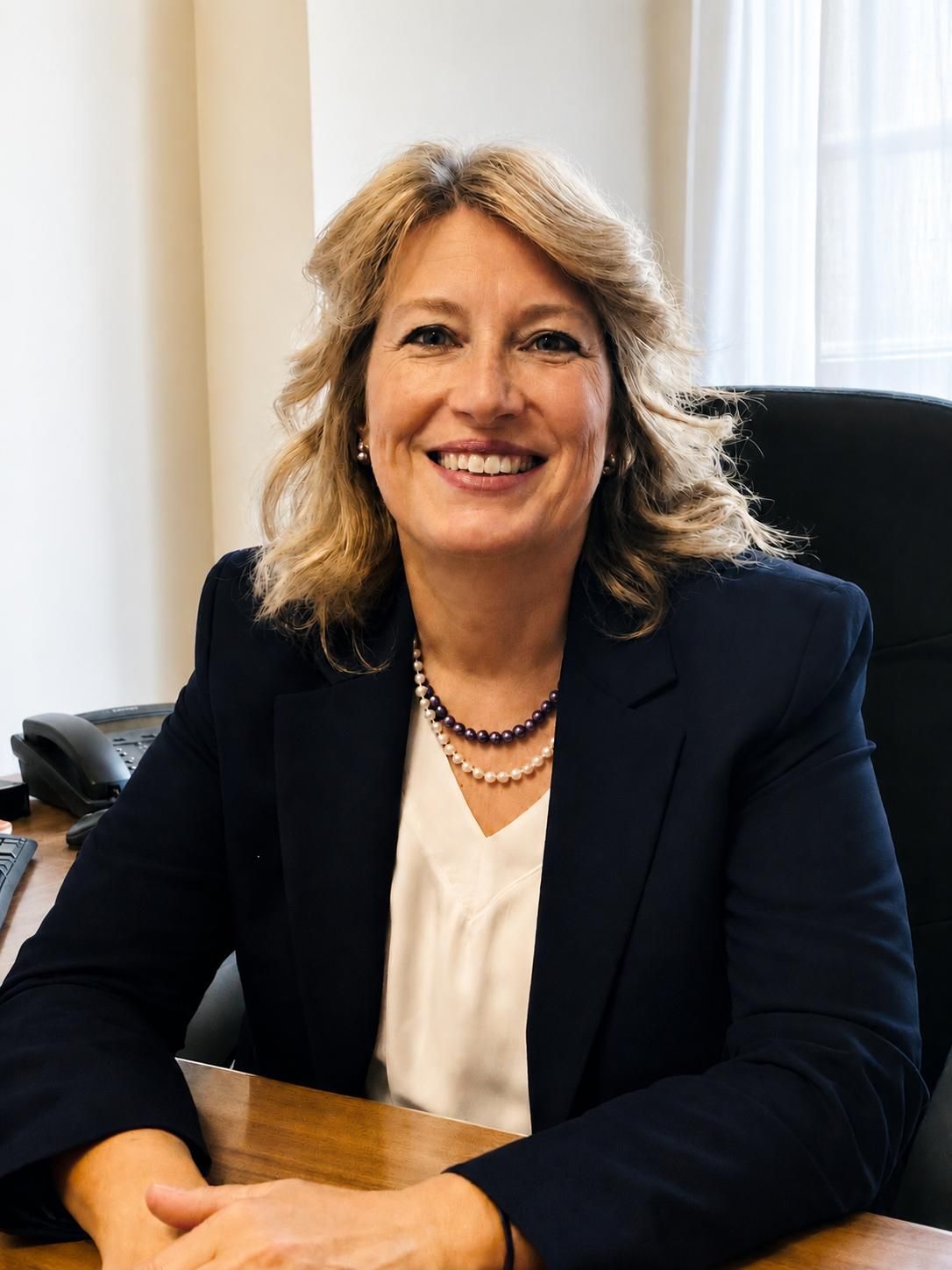 Donna sorridente con un blazer scuro seduta a una scrivania in un ufficio