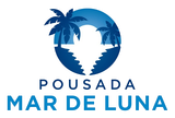 Logotipo da Pousada Mar de Luna, apresentando um desenho circular azul com palmeiras e uma lua crescente com o nome da empresa.