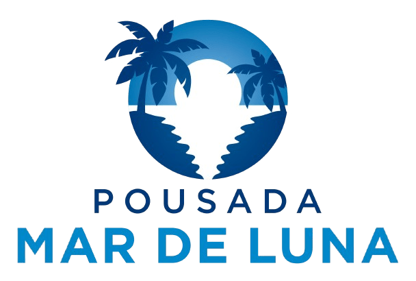 Logotipo da Pousada Mar de Luna, apresentando um desenho circular azul com palmeiras e uma lua crescente com o nome da empresa.