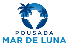 Logotipo da Pousada Mar de Luna, apresentando um desenho circular azul com palmeiras e uma lua crescente com o nome da empresa.
