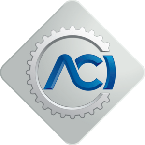 Logo ACI all'interno di un ingranaggio grigio su sfondo argentato a forma di diamante.